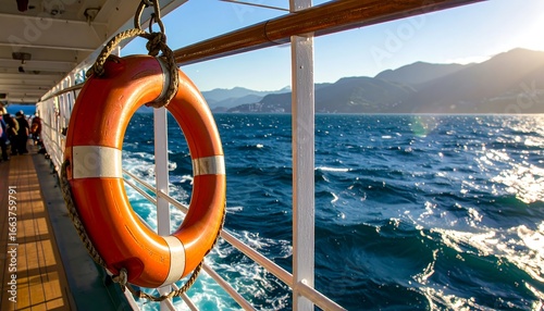 A bright orange life preserver hangs on a ship's railing, overlooking a vibrant blue sea and distant mountains.