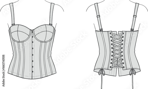 CAD drawing flat vector illustration of corset design, front and back views, lace-up detailing, garment construction sketch, fashion apparel layout, technical clothing template