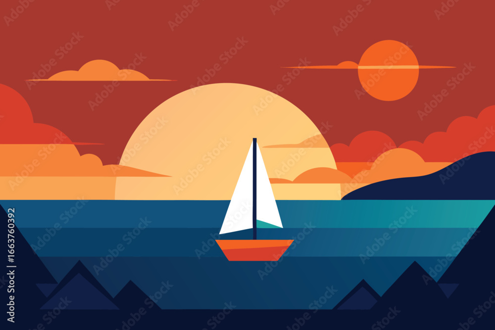 Naklejka premium A sailboat glides across the tranquil sea at sunset, with the sun casting a warm glow over the water and the sky filled with soft, colorful clouds