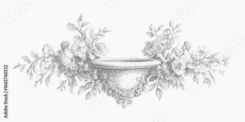 Bowl in flowers. Rough graphic form with visible spray texture, grit overlay, halftone threshold lines. Dusty marks vintage tone.