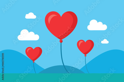 Heart shaped balloons floating in the sky over a landscape with mountains and clouds, representing love, celebration, and romantic occasions