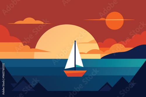 A sailboat glides across the tranquil sea at sunset, with the sun casting a warm glow over the water and the sky filled with soft, colorful clouds