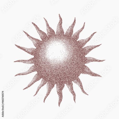 Red sun in drawn style with rough circular lines, grain overlay and ink imperfections, threshold effect with dusty speckle and vintage paper texture.