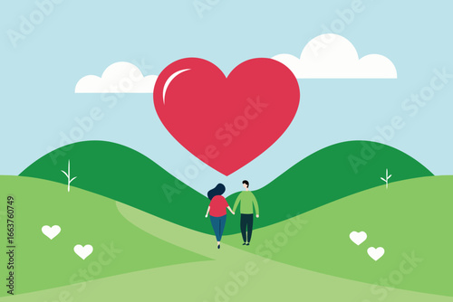  couple walking in nature landscape with heart shaped balloon, a symbol of love and happiness, perfect for valentines day card design