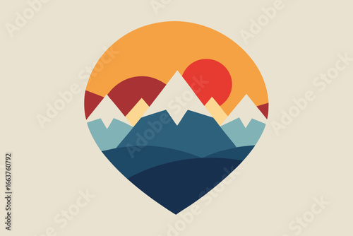  a captivating mountain landscape illustration with a retro aesthetic, showcasing a vibrant sunset and snowcapped peaks, perfect for travel and adventure themes
