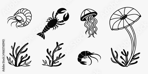 Black and White Marine Life Icons Collection