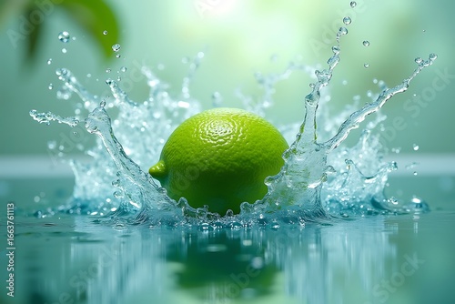 Vibrant green lime splashing into water creating a refreshing dynamic splash