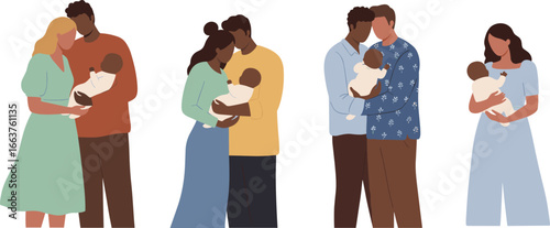 Diverse and Inclusive Families with Newborn Baby | Vector Illustration Set