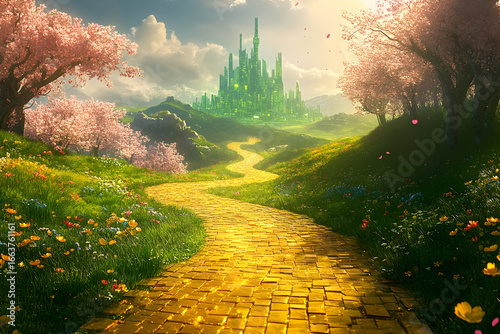 Enchanted golden brick path leading to emerald city through lush green landscape