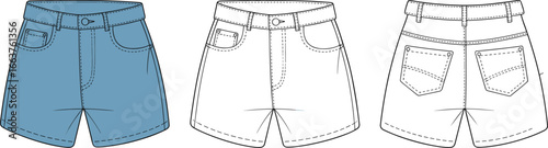 High waist denim shorts technical flat, front and back view, double stitched, belt loop, pocket design, CAD vector fashion sketch