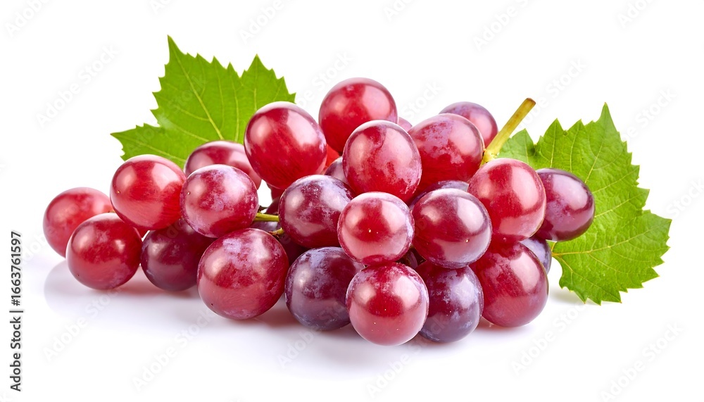 Fototapeta premium Fresh Bunch of Ripe Red Grapes with Green Leaves on White Background.