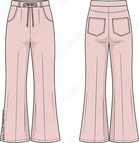 high waist flared pants front and back view, fashion cad flat sketch, stylish lounge trousers, women’s drawstring pants vector, editable apparel mockup design