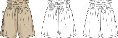 High-waisted elastic shorts fashion sketch, drawstring waistband layout, summer garment template, cad drawing flat vector illustration, stylish designHigh-waisted elastic shorts fashion sketch
