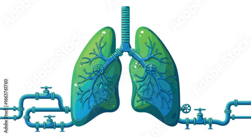 Surreal steampunk machine lungs design with blue and green pipes