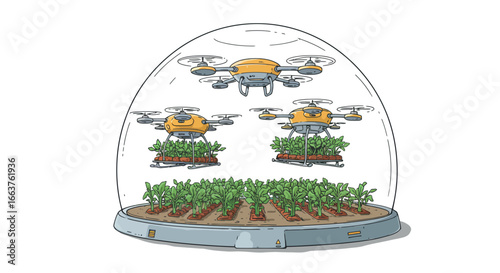 Futuristic farming concept with drones cultivating crops in dome