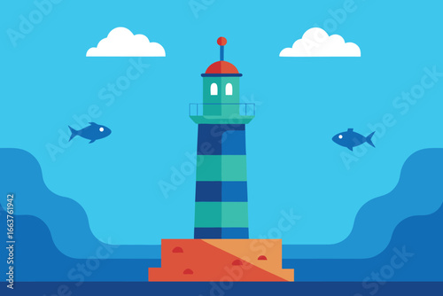  a vibrant lighthouse stands tall by the sea, guiding ships with its beacon, surrounded by fish and clouds in a colorful seascape