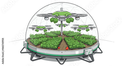 Futuristic dome with drone-farmed plants and high-tech agriculture concept