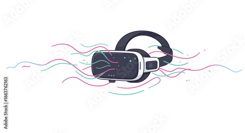 Colorful virtual reality headset with abstract waves in cartoon style