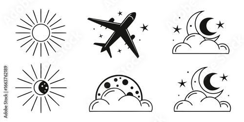 Celestial and Aviation Icons: Sun, Moon, Stars, and Airplane