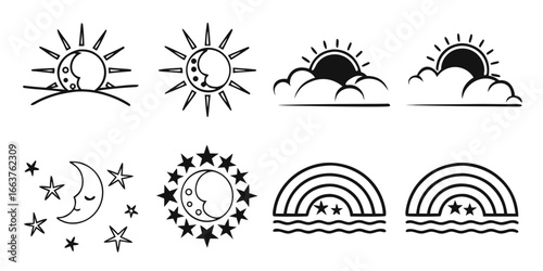 Celestial Icons: Sun, Moon, Stars, and Rainbows Collection