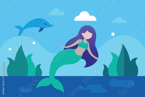  enchanting mermaid swimming with a dolphin in the sea, a whimsical fantasy illustration for childrens tales and underwater adventures