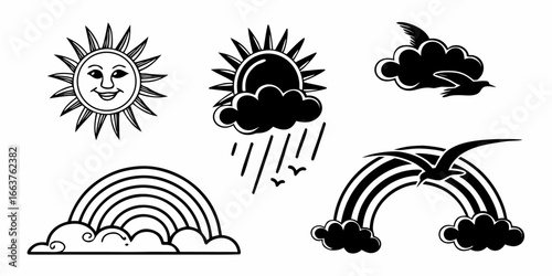 Cheerful Sun, Rainy Cloud, and Rainbow Icons