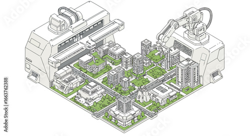 Futuristic automated cityscape with green spaces and robotic architecture
