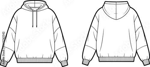 Hoodie sweatshirt vector, flat design illustration, casual clothing outline, pullover with hood, ribbed cuffs and hem, drawstring detail, front and back view, fashion technical drawing,