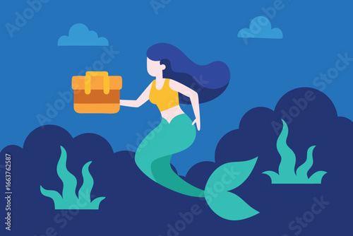  a charming mermaid gracefully swims through the deep blue sea, clutching a treasure chest filled with untold riches and ancient secrets