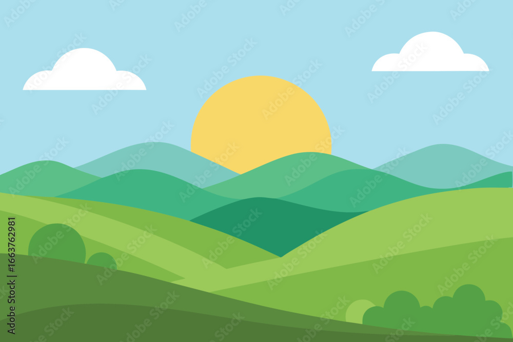 Fototapeta premium a scenic landscape with rolling green hills, a bright sun setting behind the mountains, and fluffy clouds in the sky, creating a peaceful and idyllic scene