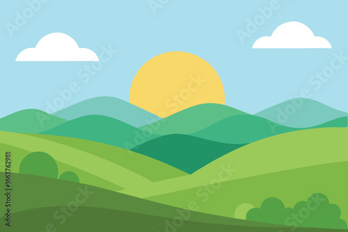  a scenic landscape with rolling green hills, a bright sun setting behind the mountains, and fluffy clouds in the sky, creating a peaceful and idyllic scene