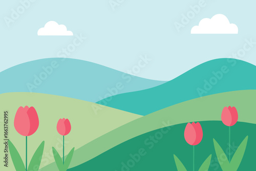  a vibrant spring landscape featuring rolling green hills, blooming tulips in the foreground, and fluffy clouds in the clear blue sky, creating a peaceful scene