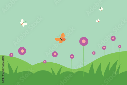  whimsical floral landscape illustration featuring colorful flowers and butterflies fluttering in a green field, creating a cheerful and vibrant atmosphere