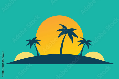  silhouette of a tropical island with palm trees against a vibrant sunset, ideal for summer vacation and travel designs