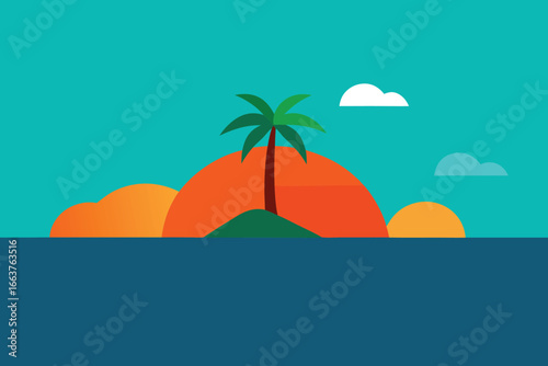  a tranquil tropical island with a palm tree silhouetted against a vibrant sunset, creating a peaceful and idyllic vacation destination scene
