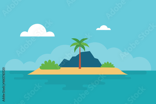  a serene tropical island with a palm tree, surrounded by calm turquoise waters, fluffy clouds, and a clear blue sky, creating a peaceful vacation scene