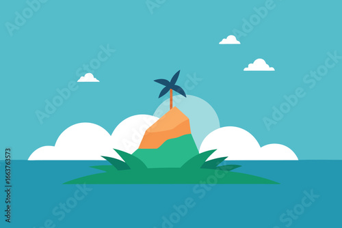  a serene tropical island scene with a small rocky island, palm tree, and lush vegetation surrounded by calm turquoise water and fluffy white clouds