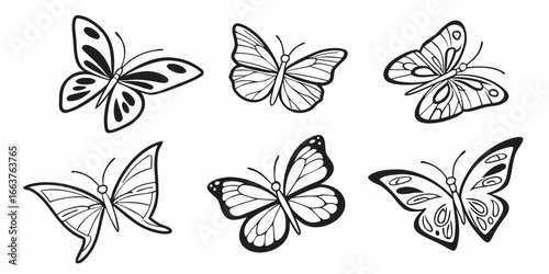 Collection of Six Stylized Black and White Butterfly Illustrations