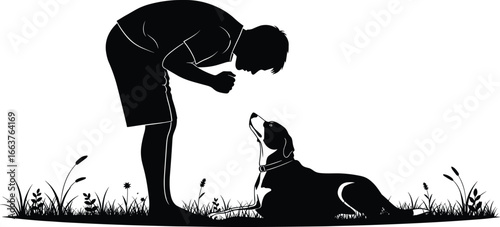 Silhouette of Man Training Dog Outdoors, Vector Illustration of Obedience and Bonding, Pet Owner Teaching Commands, Animal Behavior, Nature Background Scene
