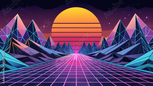 Intersecting triangles form crystalline mountains beneath a glowing sun, flat yet surreal, radiating abstract geometry with dreamy colors, suggesting stability, transformation, elevation, and symbolic