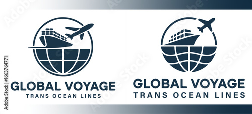 Modern vector logo of Global Voyage Trans Ocean Lines with airplane, ship and globe, symbolizing international trade, travel and worldwide logistics