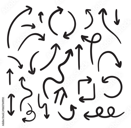 Vector set of doodle arrows on white background, handmade with brush and pencil. Grunge design elements and hand-drawn linework create an organic, textured look suitable for posters, web, and print.