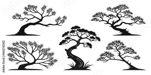 Collection of Stylized Bonsai Tree Silhouettes