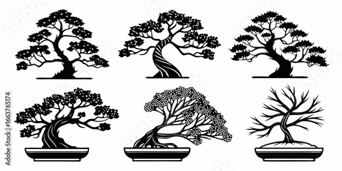 Collection of Stylized Bonsai Tree Silhouettes