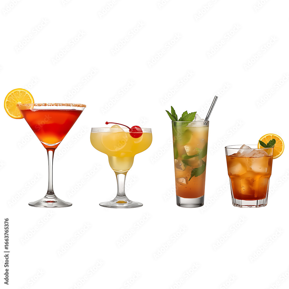 Fototapeta premium image showcases four distinct cocktails, each with its own unique style and presentation, showcasing a variety of cocktail presentations.