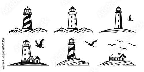Collection of Stylized Lighthouses and Seagulls