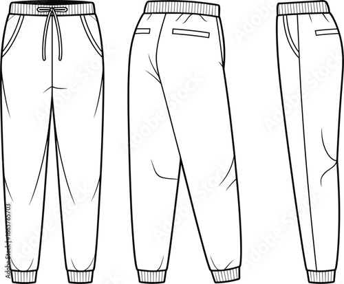 Jogger pants front, back, and side view flat sketch, fashion technical drawing, vector apparel design template with ribbed cuff and drawstring waistband for clothing production