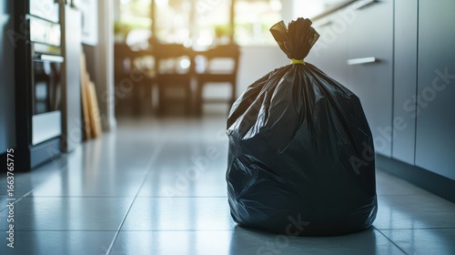 Close-up of large black trash bag being tied with kitchen waste inside, placed on clean kitchen floor in bright natural lighting