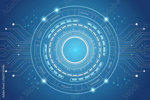 Wallpaper Mural Futuristic HUD-style digital interface with glowing concentric rings, circuit lines, and tech indicators. Ideal for AI, cybersecurity, virtual reality, and data visualization themes. Torontodigital.ca