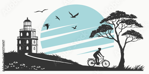 Cyclist rides past lighthouse with seagulls flying